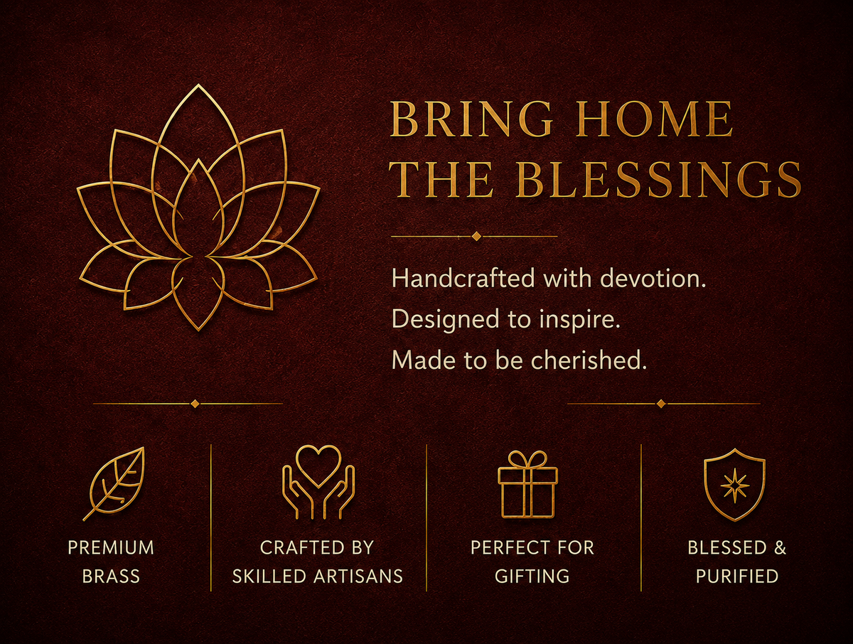 A promotional graphic for a brass wall hanging or decorative art piece. The design features a gold lotus flower outline on a dark textured brown background, accompanied by gold and white text reading 'BRING HOME THE BLESSINGS' and feature callouts for premium brass, skilled artisans, and gifting suitability.