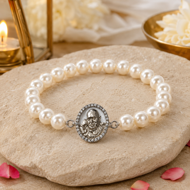 Shukrana Guru Ji Pearl Bracelet | Bade Mandir Guru Ji Brass Charm with Silver Finish