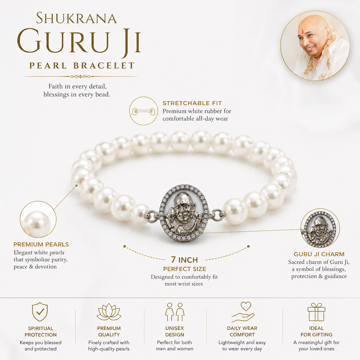 Shukrana Guru Ji Pearl Bracelet | Bade Mandir Guru Ji Brass Charm with Silver Finish