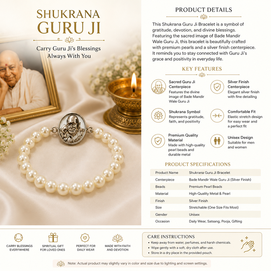 Shukrana Guru Ji Pearl Bracelet | Bade Mandir Guru Ji Brass Charm with Silver Finish