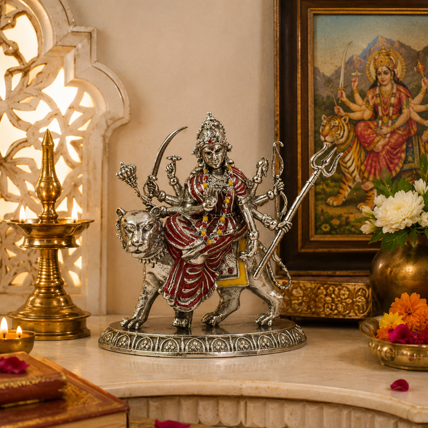 Maa Durga Idol | Brass Idol with Silver Finish | Sherawali Mata Murti for Home Temple