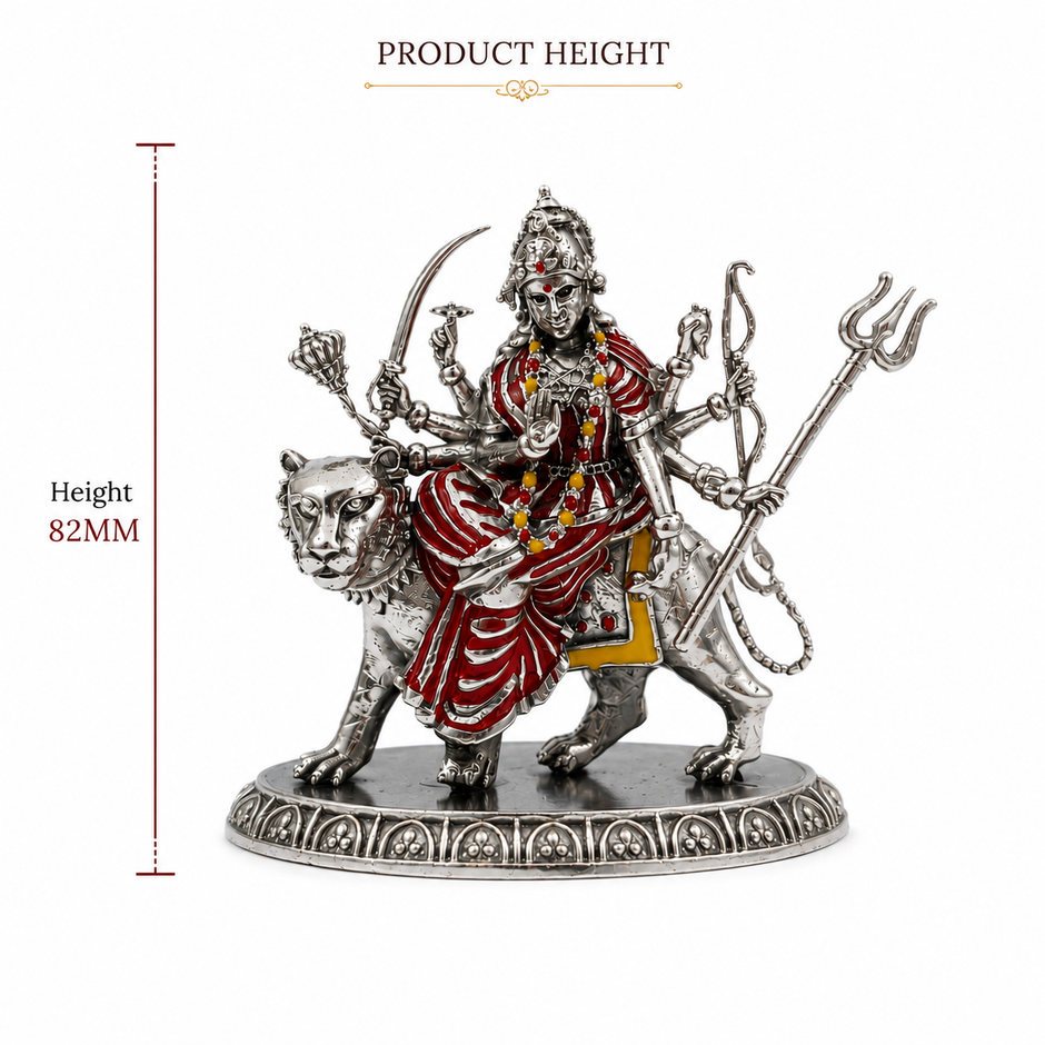 Maa Durga Idol | Brass Idol with Silver Finish | Sherawali Mata Murti for Home Temple