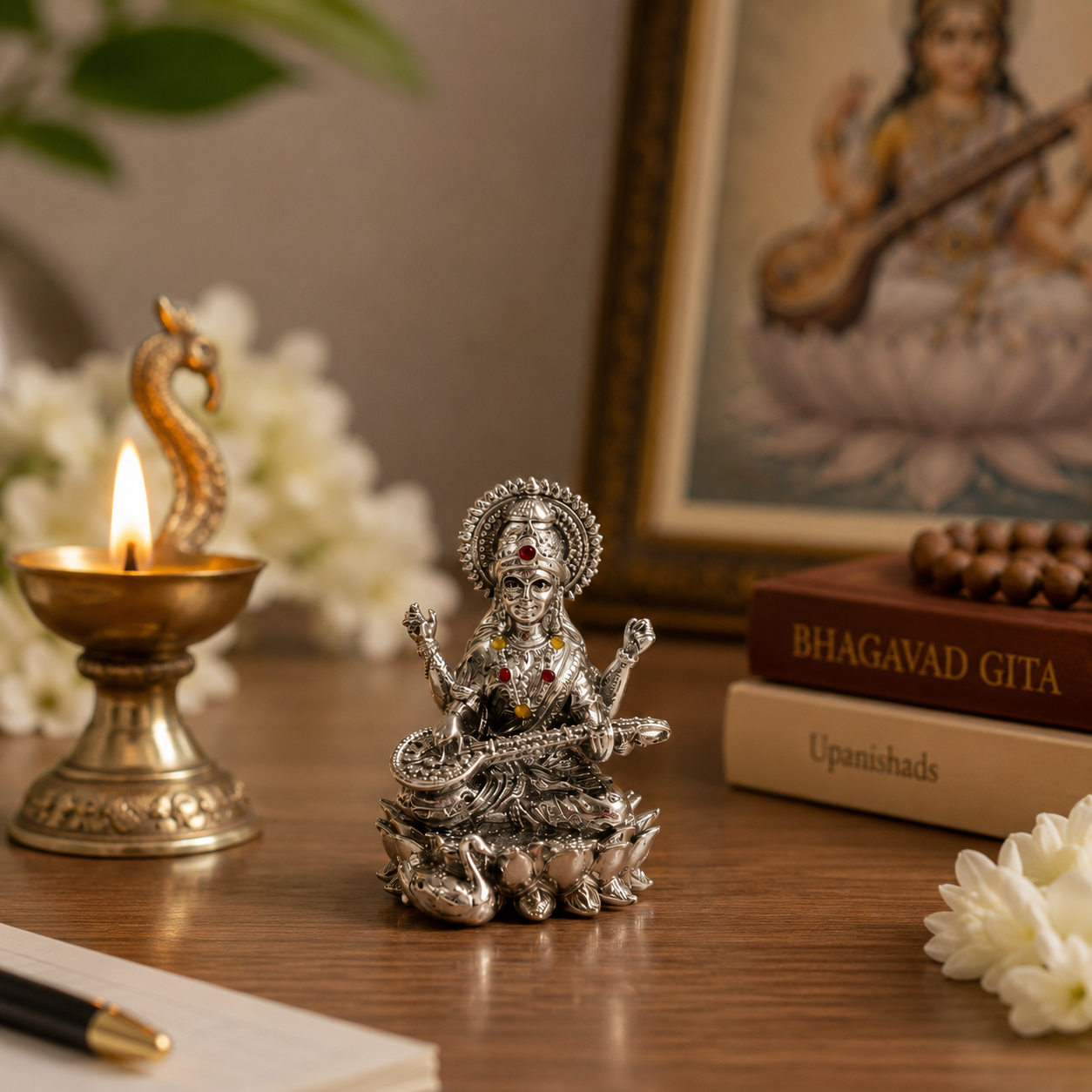 Maa Saraswati Idol | Premium Brass Idol with Silver Finish | Goddess of Knowledge & Wisdom Murti