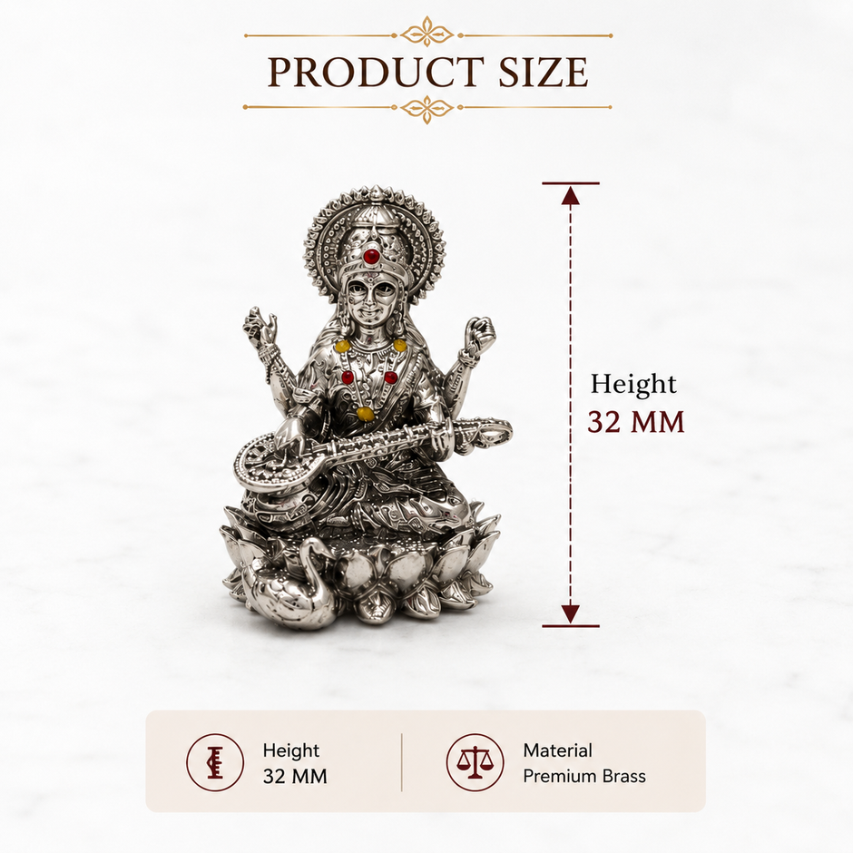 Maa Saraswati Idol | Premium Brass Idol with Silver Finish | Goddess of Knowledge & Wisdom Murti