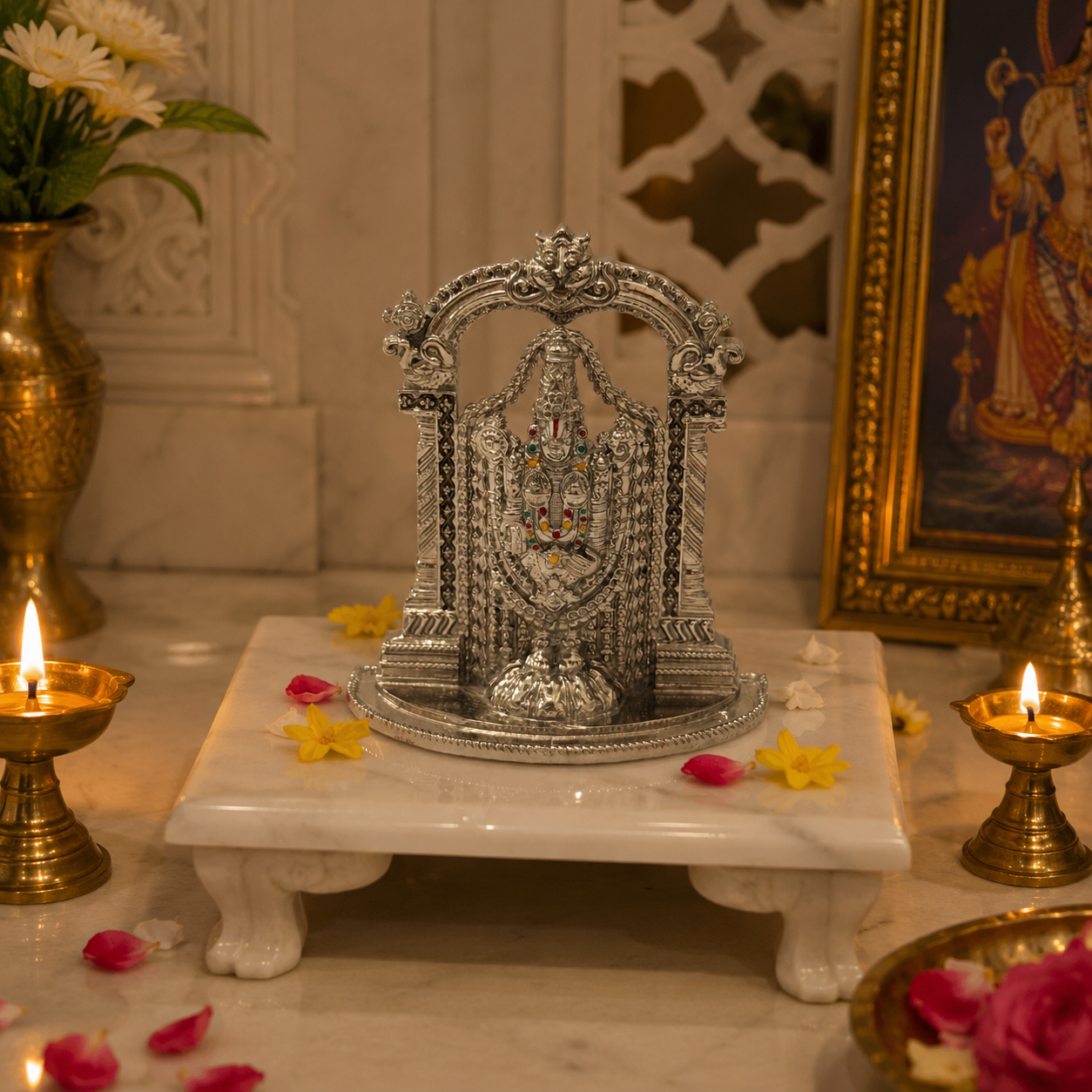 Tirupati Balaji Idol with Temple Arch | Premium Brass Murti with Silver Finish | Lord Venkateswara Statue