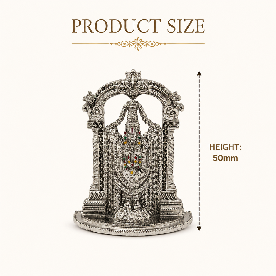 Tirupati Balaji Idol with Temple Arch | Premium Brass Murti with Silver Finish | Lord Venkateswara Statue
