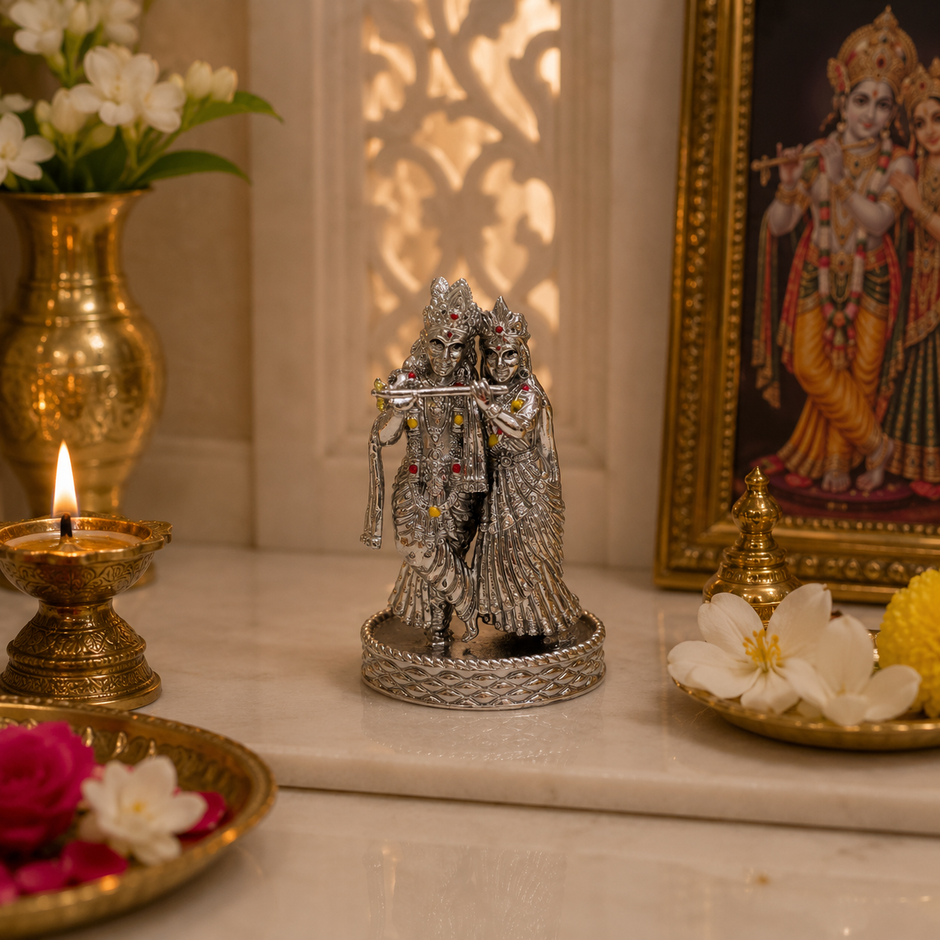 Radha Krishna Idol | Premium Brass Idol with Silver Finish | Divine Love & Harmony Murti