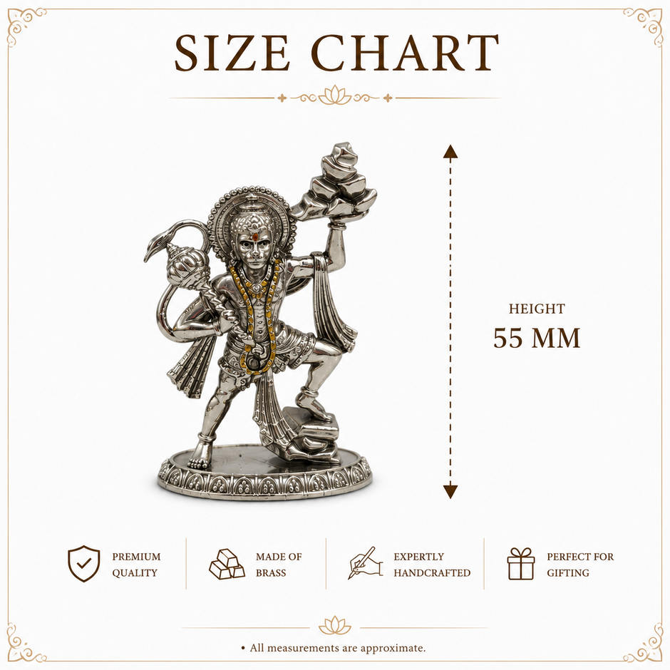 Veer Hanuman Ji Idol Carrying Sanjeevani Mountain | Premium Brass Murti with Silver Finish | Hanuman Statue for Home Temple