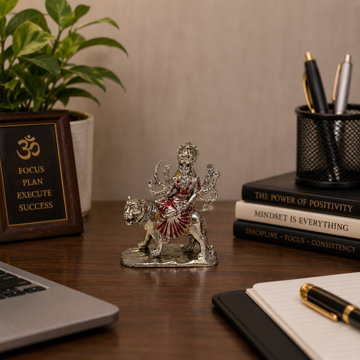 Premium Brass Maa Durga Murti seated on Lion with silver finish for home temple, office desk, car dashboard, Navratri worship, and spiritual home décor.