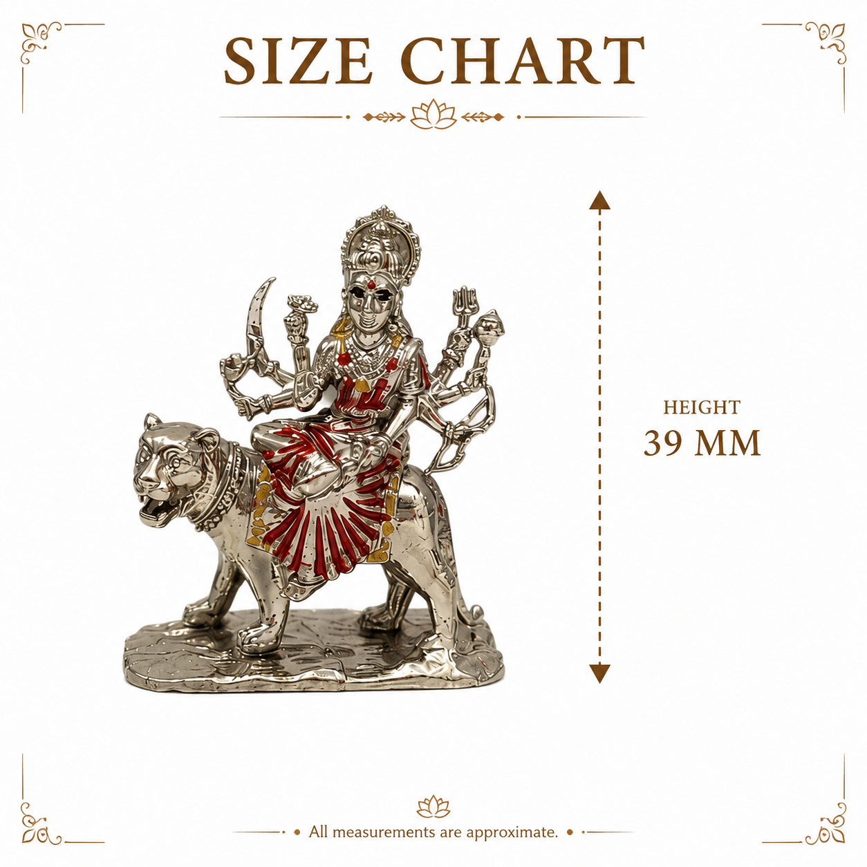 Maa Durga Murti on Lion | Premium Brass Idol with Silver Finish | Durga Mata Statue for Home Temple (39 MM)