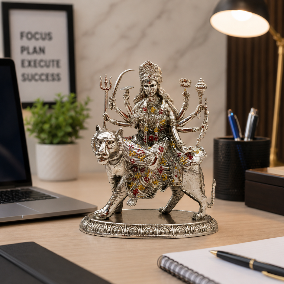 Maa Durga Idol in Brass with Silver Finish | Sherawali Mata Murti for Home Temple, Office & Car Dashboard (94mm)
