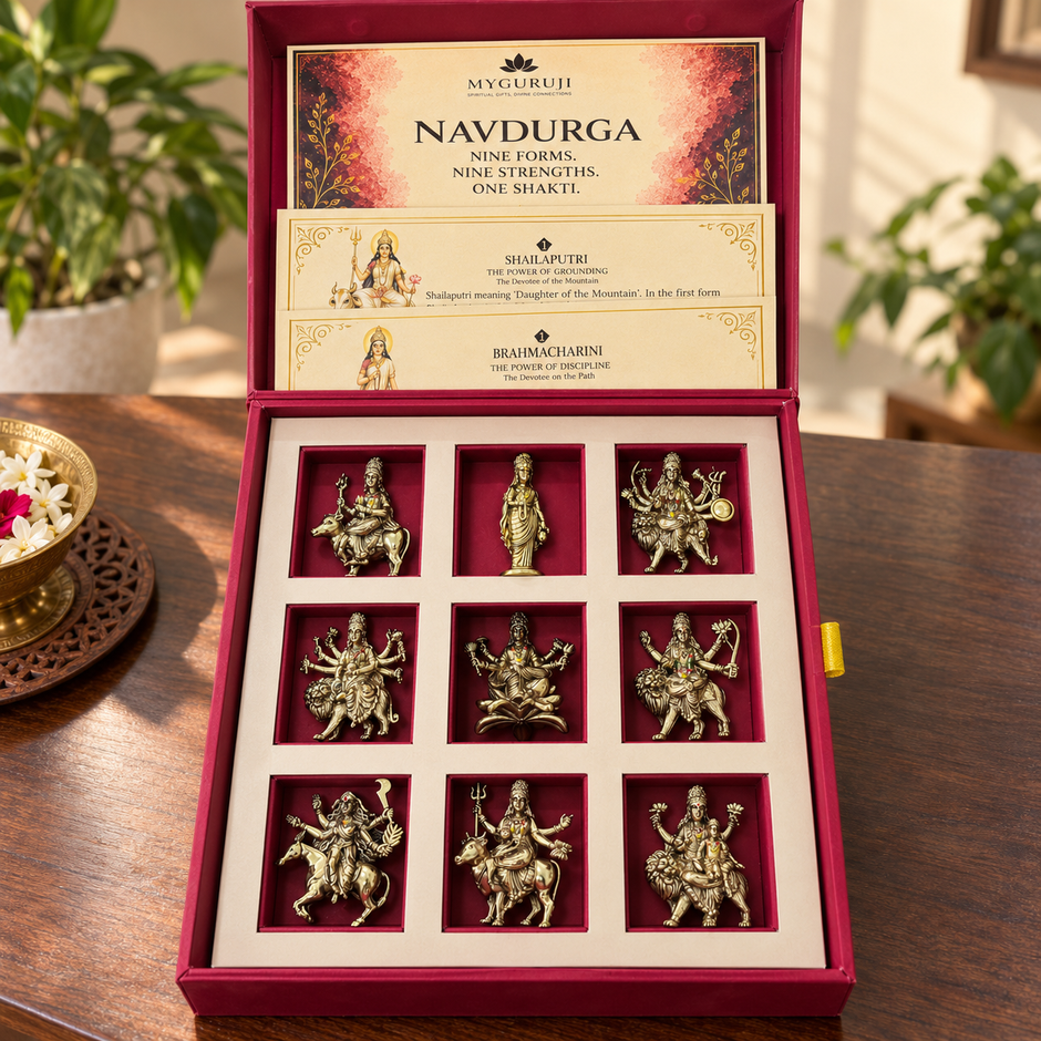 Open Navdurga gift box showing nine figures and printed information cards
