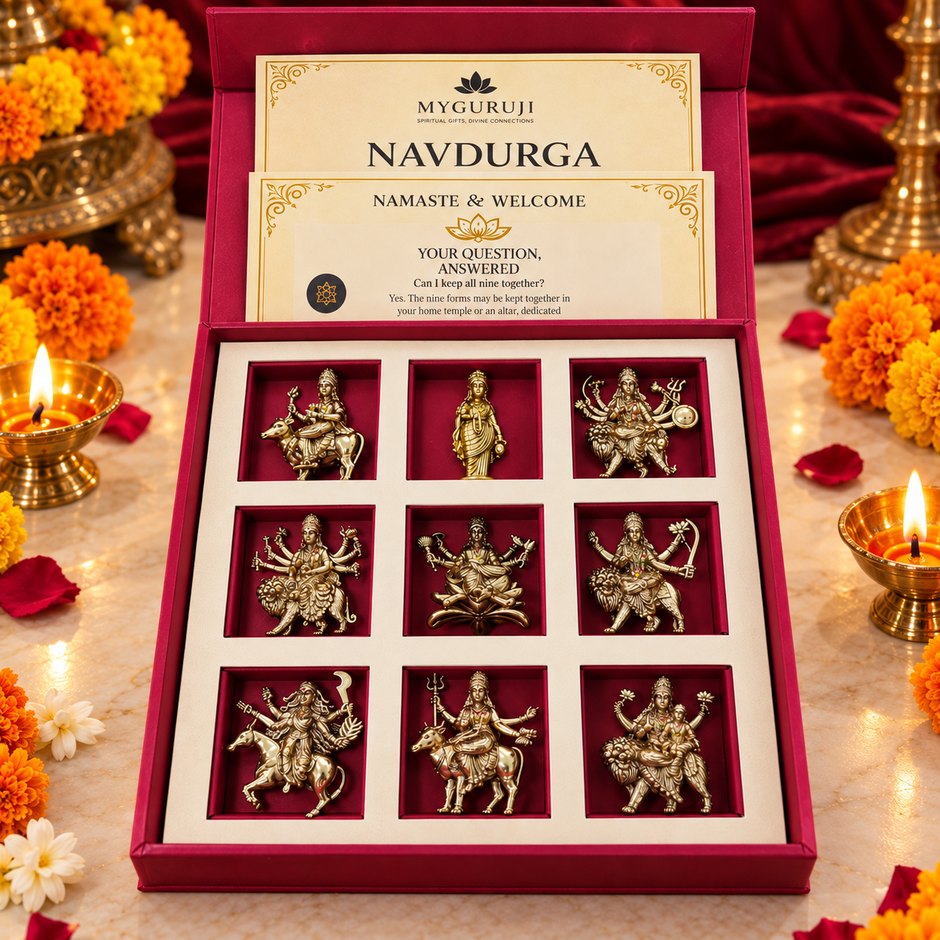 Front view of nine Navdurga figures in individual compartments of a red presentation box