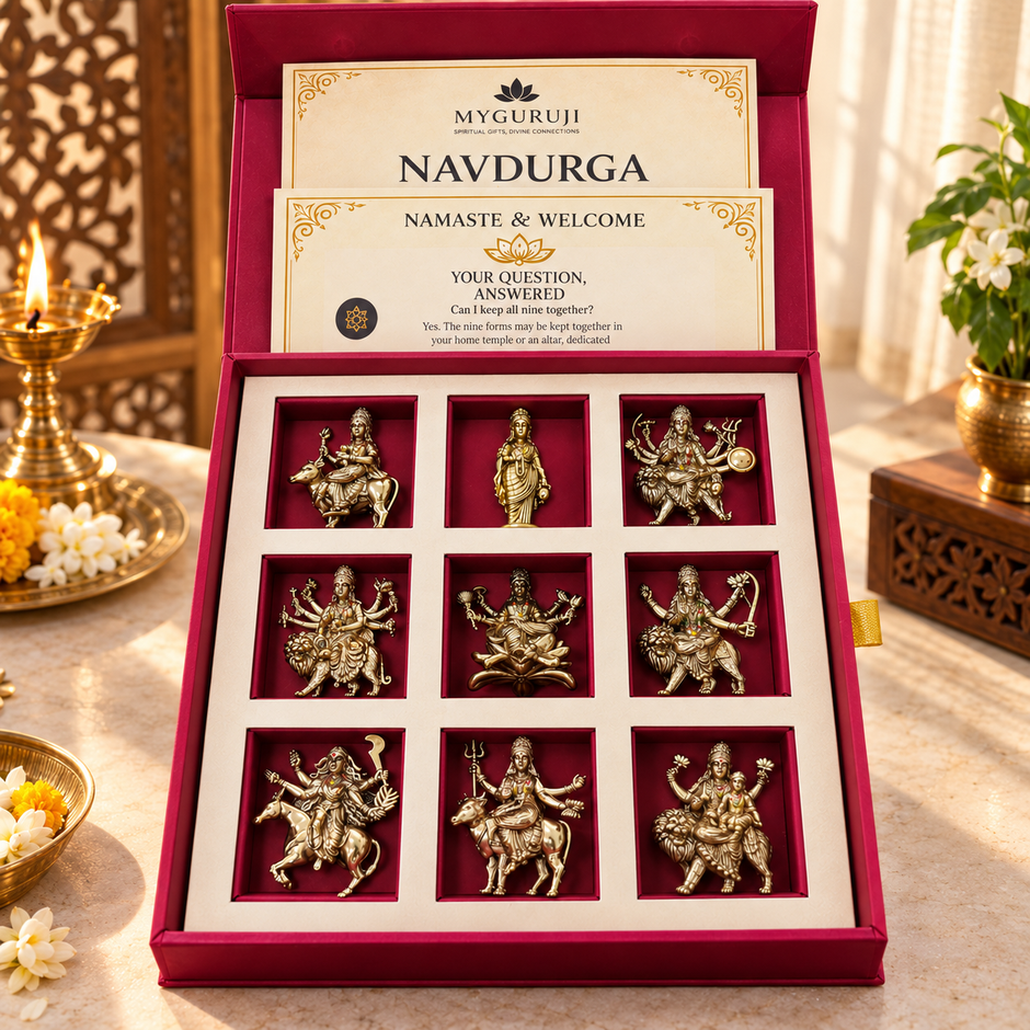 Detailed view of the nine forms of Durga arranged in a keepsake box