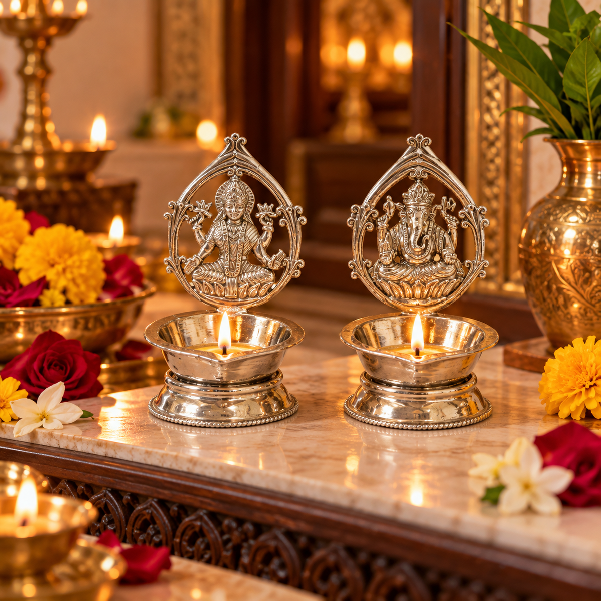 Ganesh Laxmi Brass Diya Set – Silver Finish for Puja & Diwali