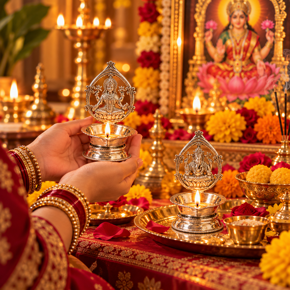 Ganesh Laxmi Brass Diya Set – Silver Finish for Puja & Diwali