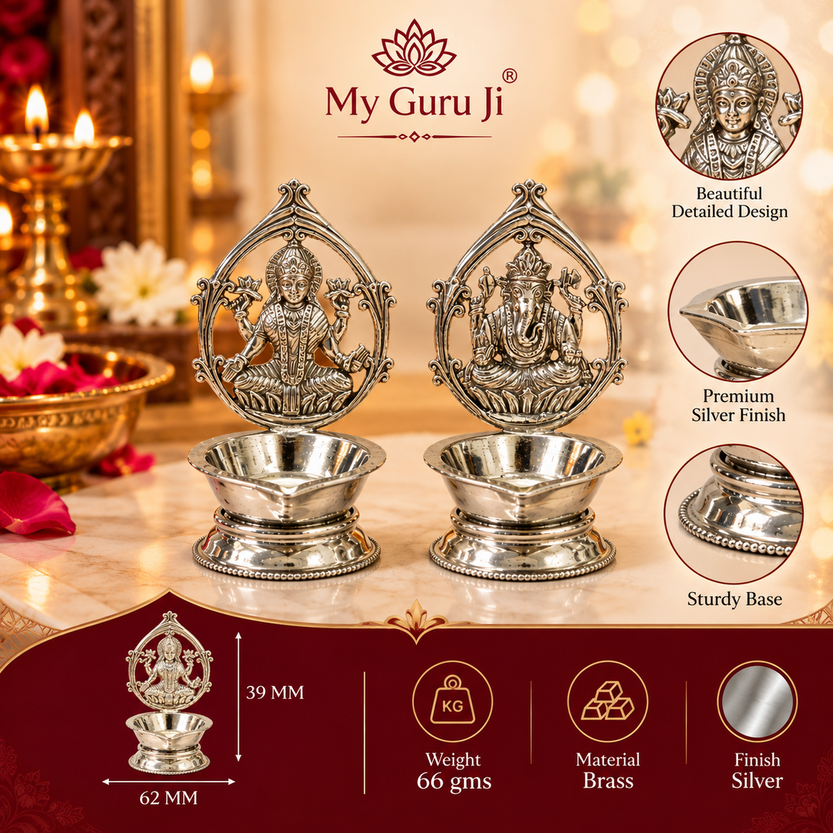 Ganesh and Laxmi brass diyas with silver finish, decorative arches and product specifications