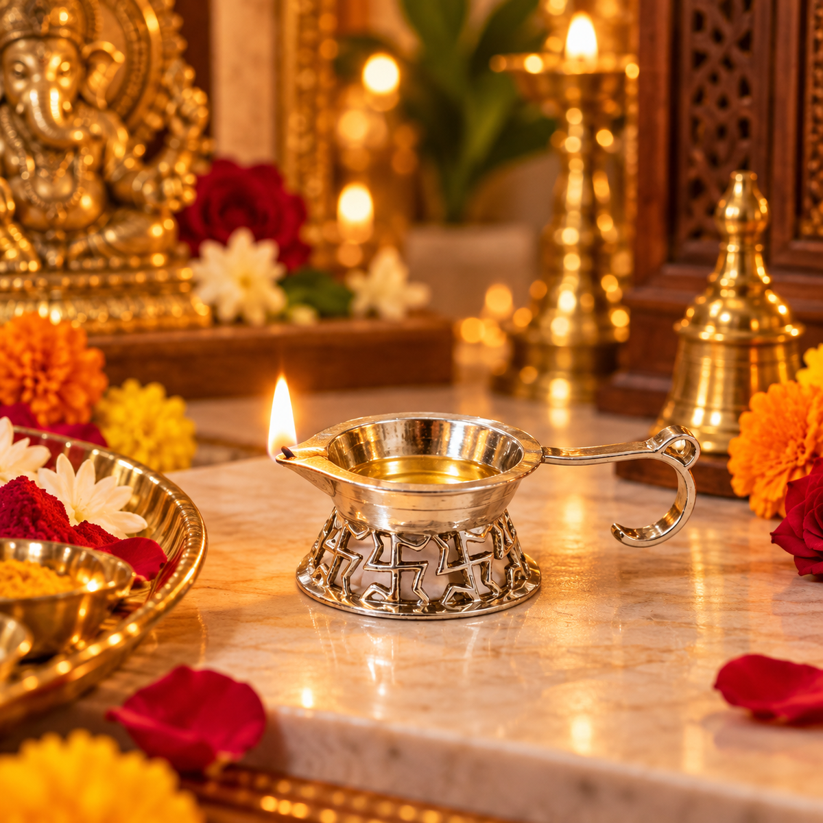 Swastik Brass Diya with Handle – Silver Finish for Diwali Puja