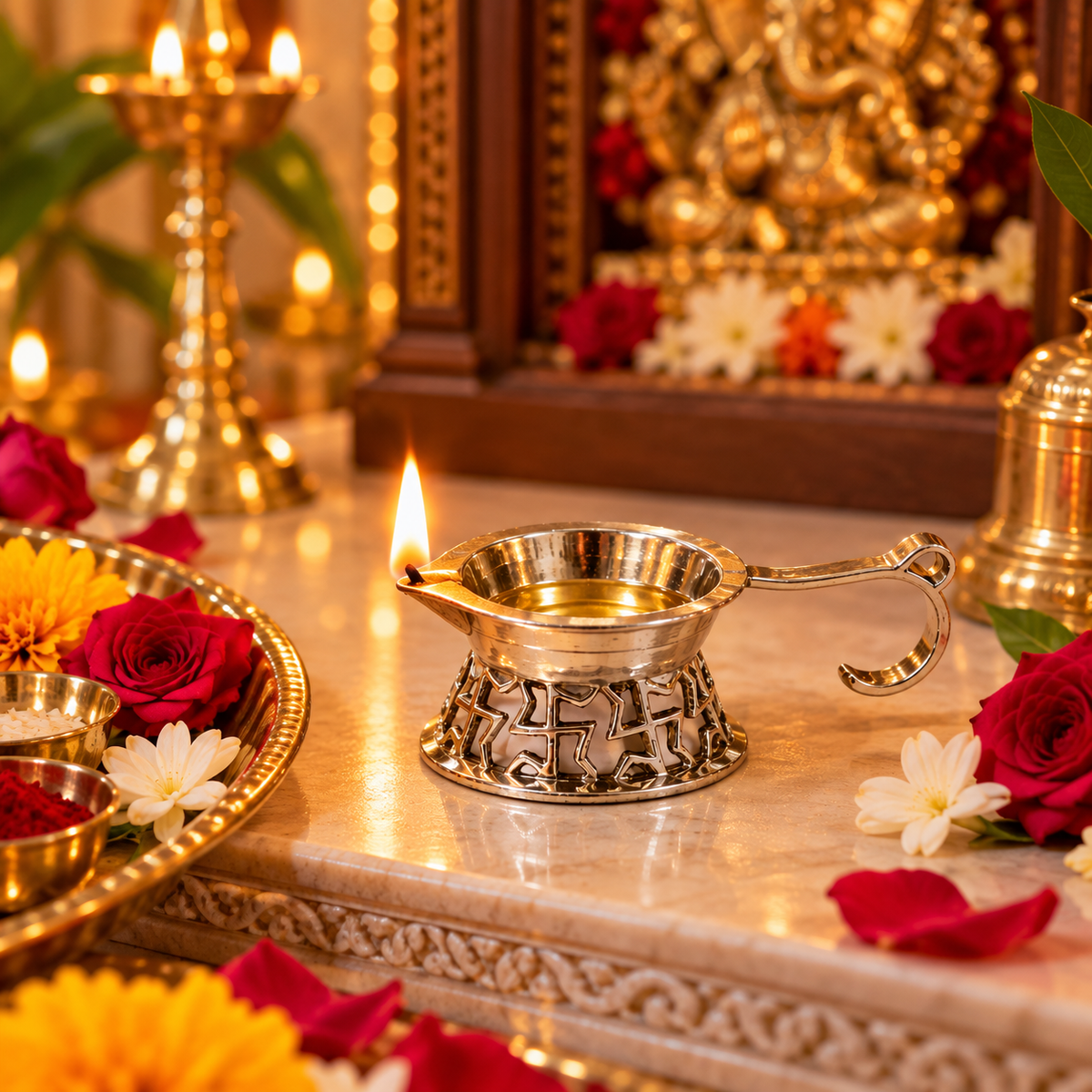 Swastik Brass Diya with Handle – Silver Finish for Diwali Puja