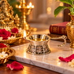 Swastik Brass Diya with Handle – Silver Finish for Diwali Puja