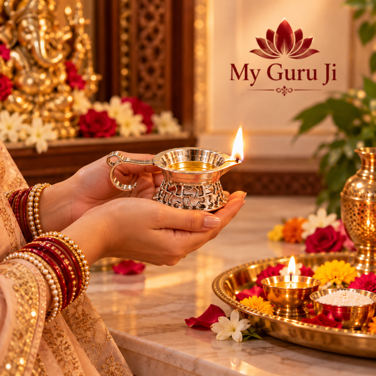 Swastik Brass Diya with Handle – Silver Finish for Diwali Puja