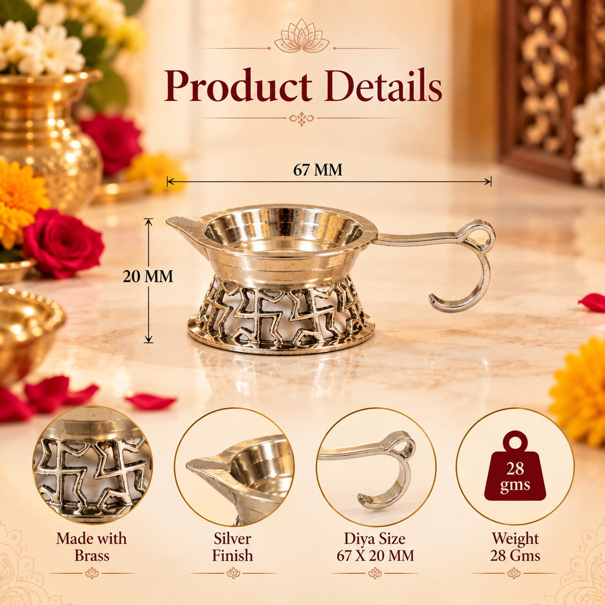 Silver-finish brass diya with curved handle and Swastik-patterned base, size 67 by 20 mm and weight 28 g
