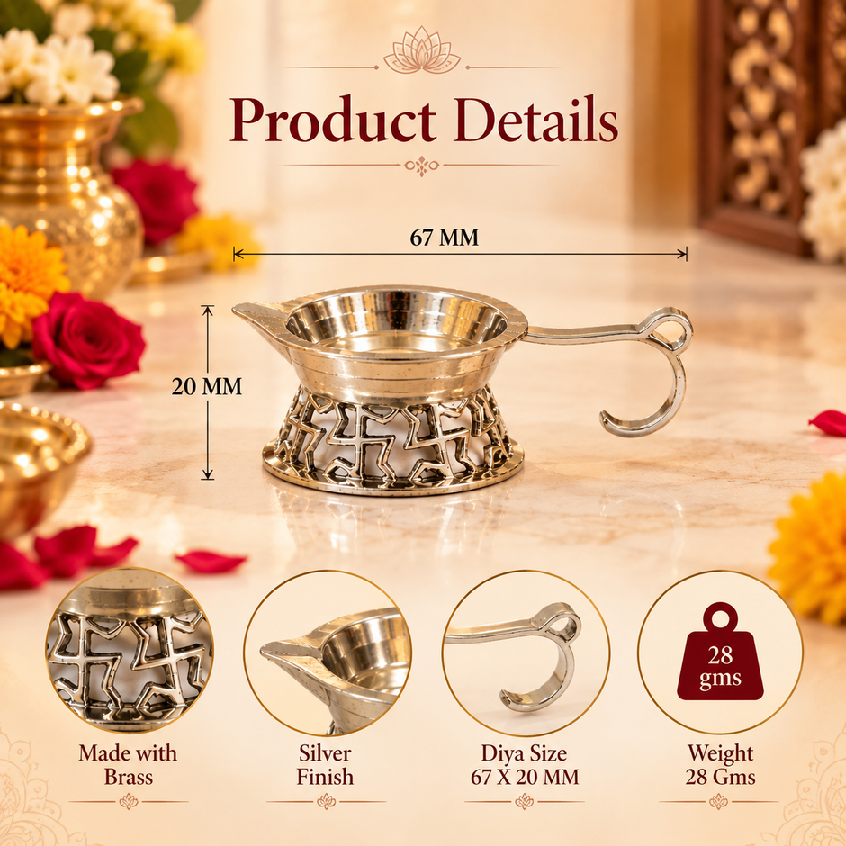 Silver-finish brass diya with curved handle and Swastik-patterned base, size 67 by 20 mm and weight 28 g