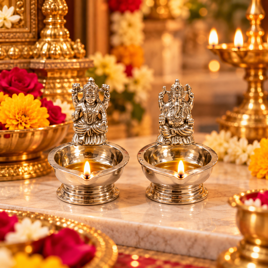 Mini Ganesh Laxmi Brass Diya Set – Silver Finish, 28 × 34 mm