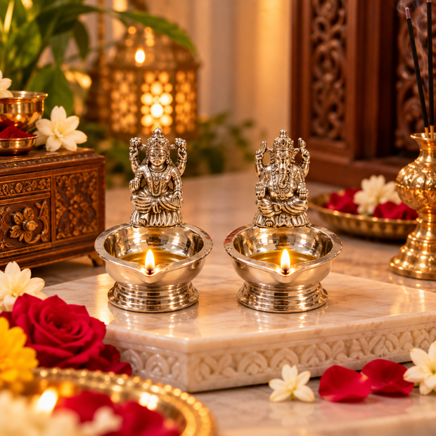 Mini Ganesh Laxmi Brass Diya Set – Silver Finish, 28 × 34 mm