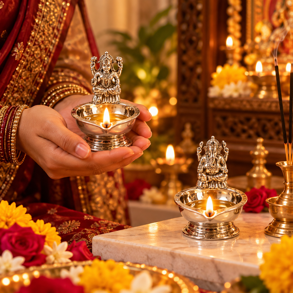 Mini Ganesh Laxmi Brass Diya Set – Silver Finish, 28 × 34 mm