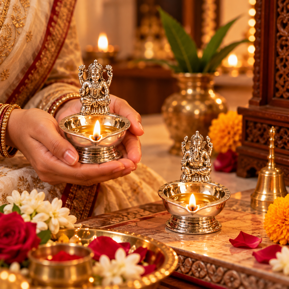 Mini Ganesh Laxmi Brass Diya Set – Silver Finish, 28 × 34 mm