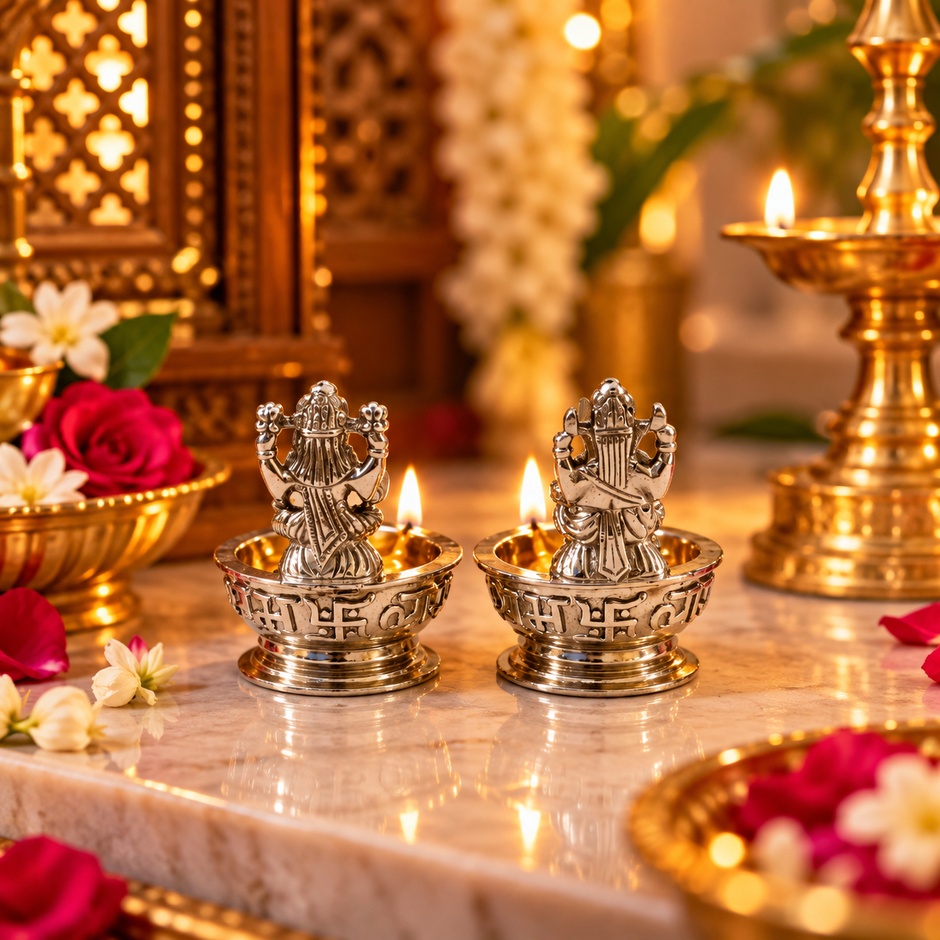 Mini Ganesh Laxmi Brass Diya Set – Silver Finish, 28 × 34 mm