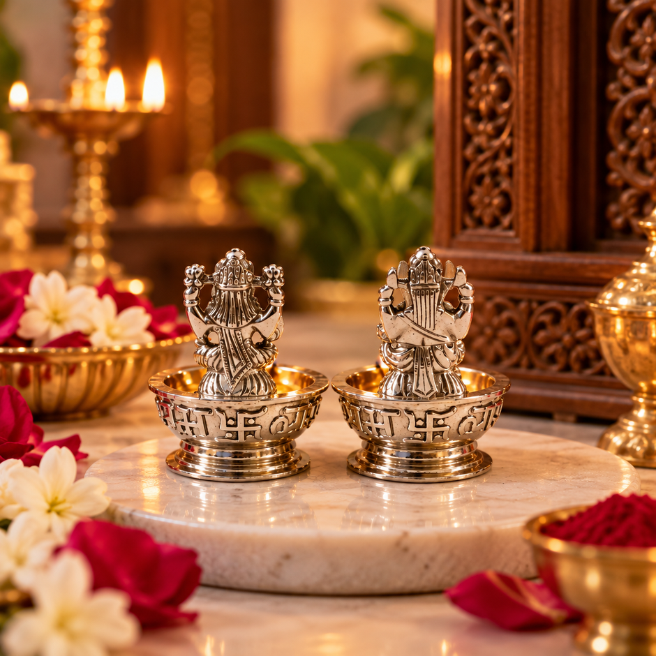 Mini Ganesh Laxmi Brass Diya Set – Silver Finish, 28 × 34 mm