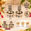 Mini Ganesh Laxmi brass diyas in silver finish with specifications showing 28 mm width, 34 mm height and 44 g weight