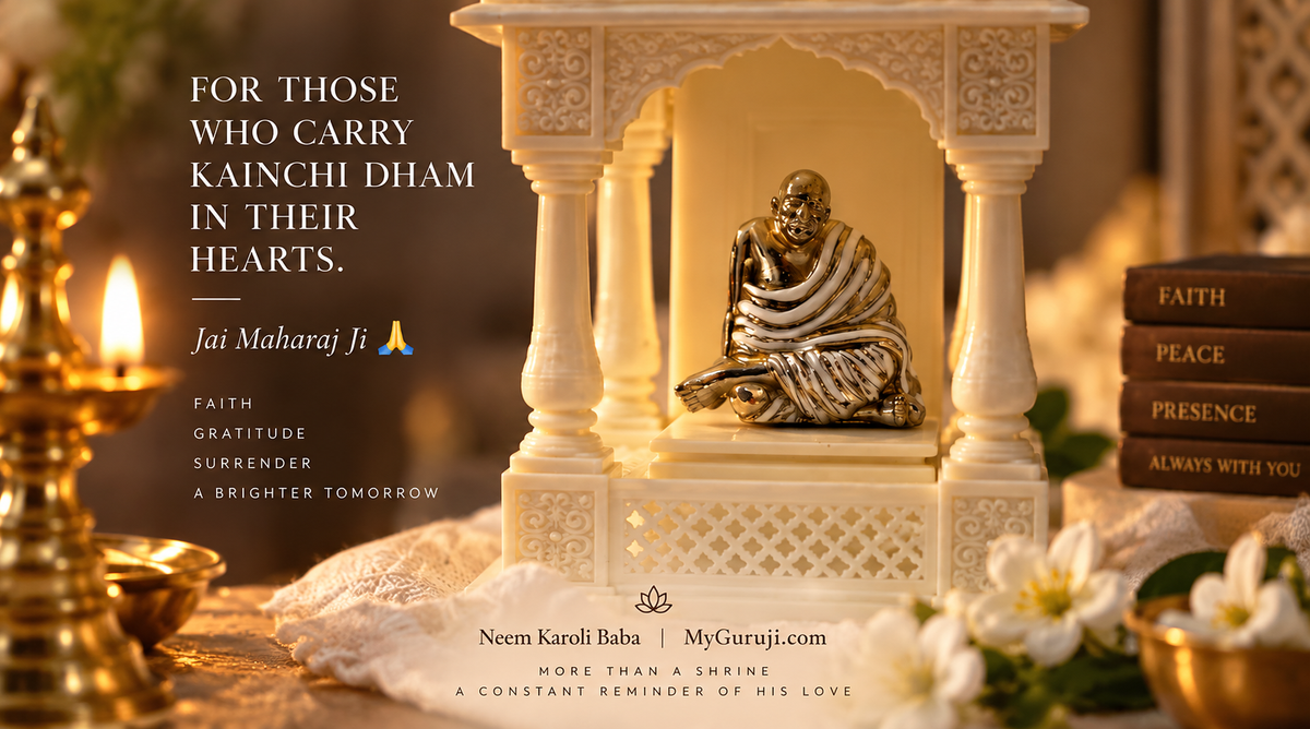 Limited edition Neem Karoli Baba Kainchi Dham mandir with silver finish brass idol, available for pre-order at My Guru Ji