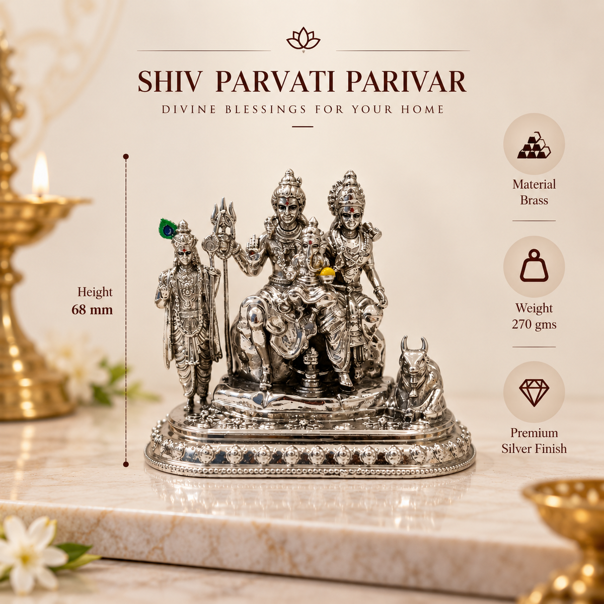 Silver-finished brass Shiva and Parvati Parivar deity statue on a marble surface, with text showing height 68 mm, weight 270 gms, and premium silver finish. Decorative candle and flowers are blurred in the background.