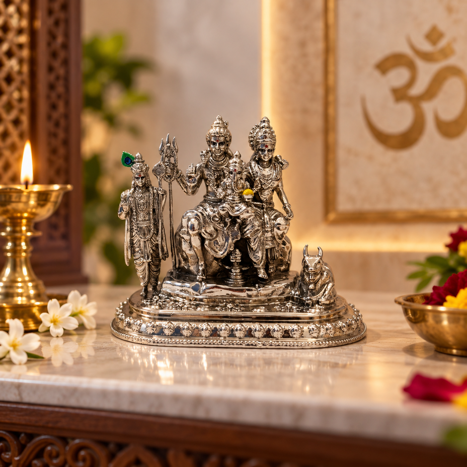 An ornate silver-toned Hindu deity statue on a marble altar, surrounded by a lit brass oil lamp, white flowers, and a bowl of marigolds, with a blurred Om symbol in the background.