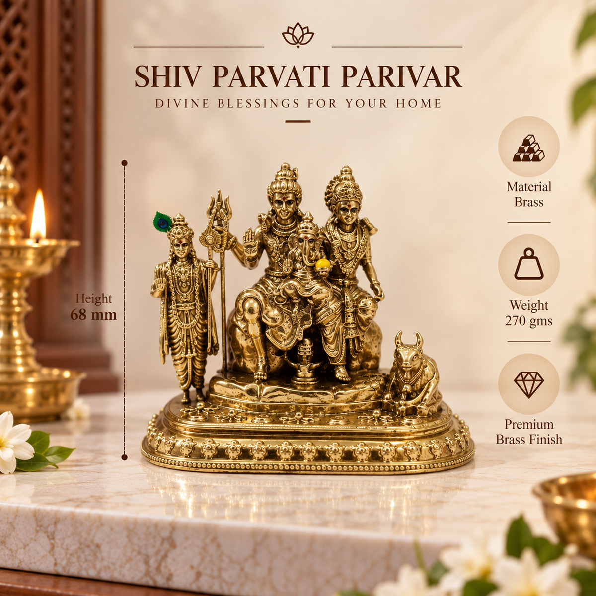 Gold-toned brass Shiv Parvati Parivar statue displayed on a marble surface with decorative props and overlaid product info text including height, weight, and material details.