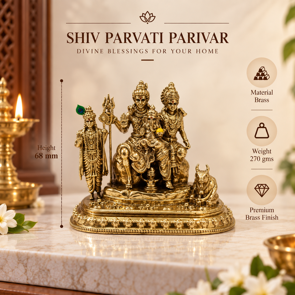 Gold-toned brass Shiv Parvati Parivar statue displayed on a marble surface with decorative props and overlaid product info text including height, weight, and material details.