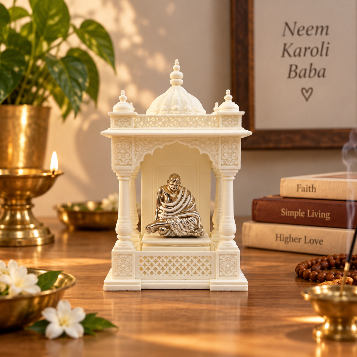 Neem Karoli Baba brass idol with silver finish inside a white resin table-top mandir