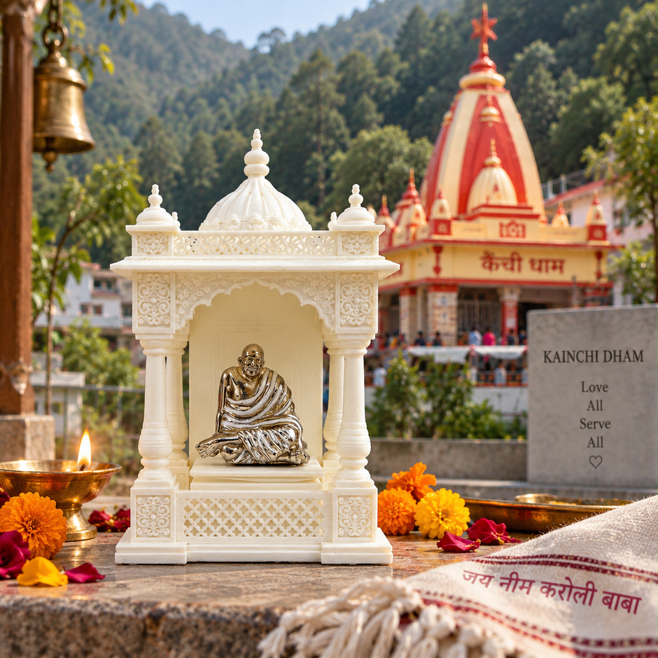Neem Karoli Baba idol with mandir showing 106 mm height, 74 mm width and 57 mm depth