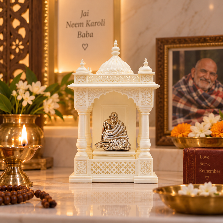 Neem Karoli Baba idol and resin mandir styled as home devotional decor
