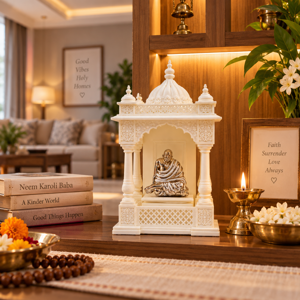 Neem Karoli Baba idol inside a detailed white resin mandir beside a diya