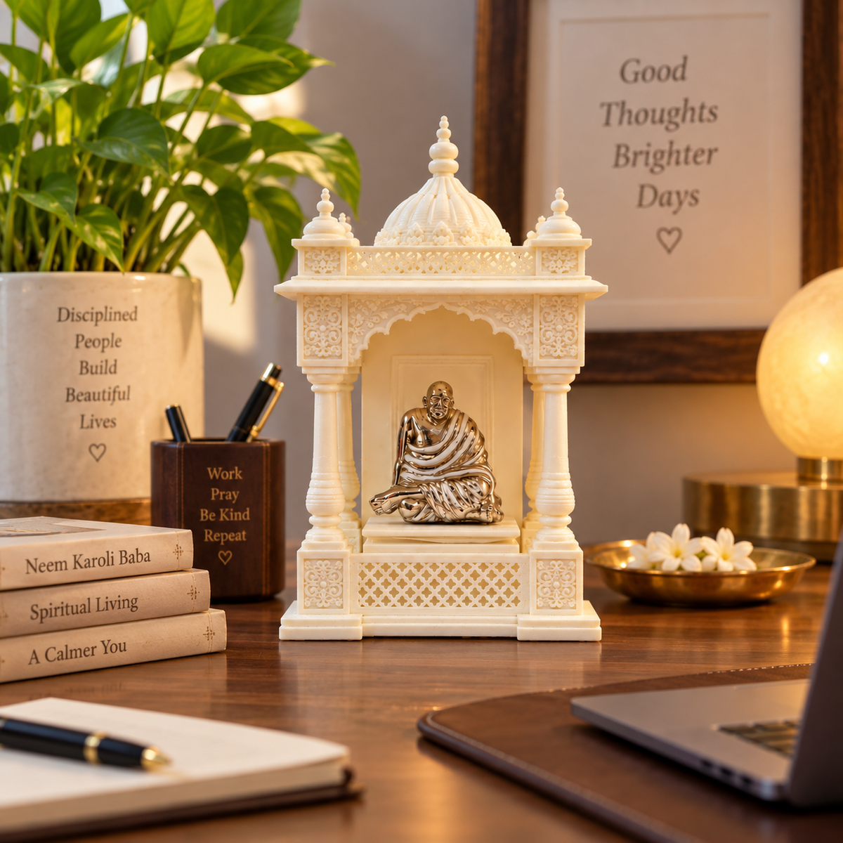 Neem Karoli Baba brass idol with silver finish in a table-top mandir on a desk
