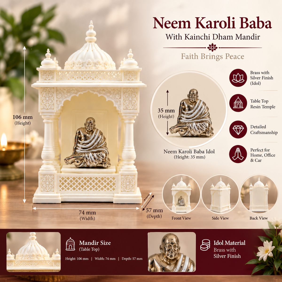Neem Karoli Baba idol with mandir displayed with flowers in a devotional setting