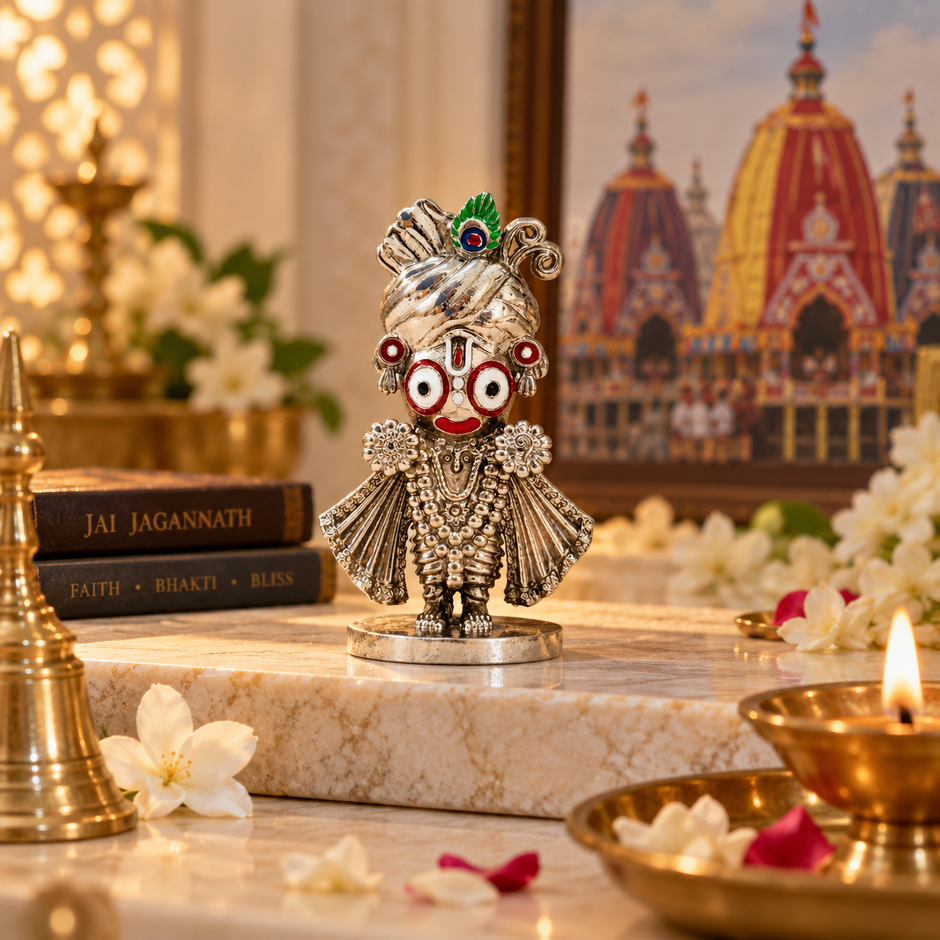 Jagannath Ji idol with silver finish styled on a marble prayer altar in a home