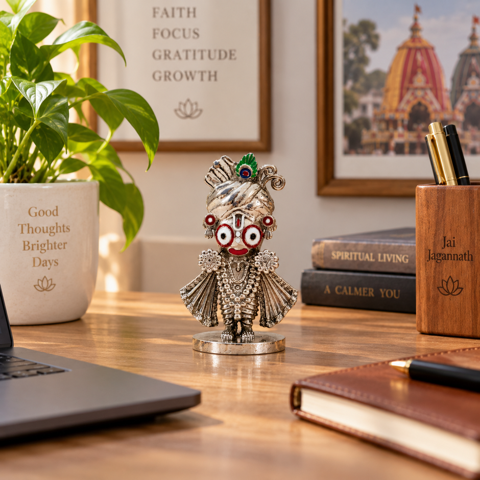 Jagannath Ji brass murti with silver finish placed beside a diya and flowers