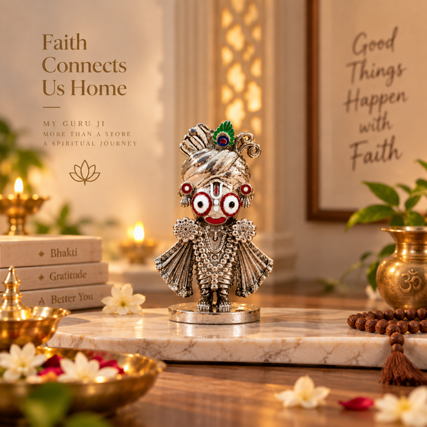 Jagannath Ji murti product details showing 72 mm height, brass with silver finish and 140 gram weight
