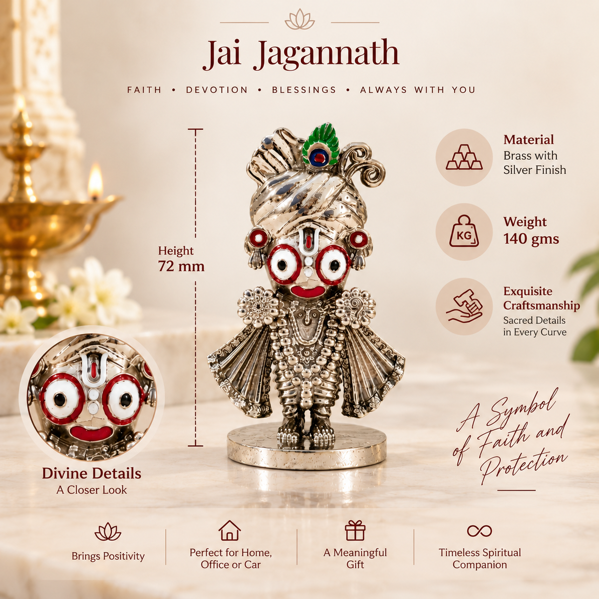 Jagannath Ji brass murti with silver finish displayed in a home temple with flowers and diya