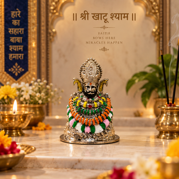 Khatu Shyam Ji brass idol with silver finish displayed on an office desk